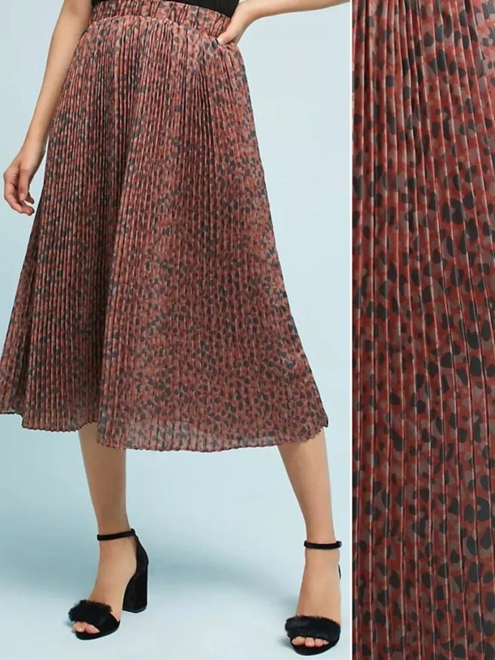Anthropologie Numph Pleated Leopard Skirt Brown Animal Print Pull On Large